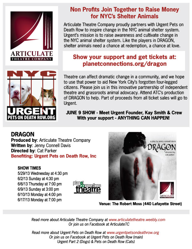 Designed promotional flyer for Articulate Theatre Company’s production of “Dragon”. Partial proceeds benefited Urgent Pets on Death Row, 501(c)3
