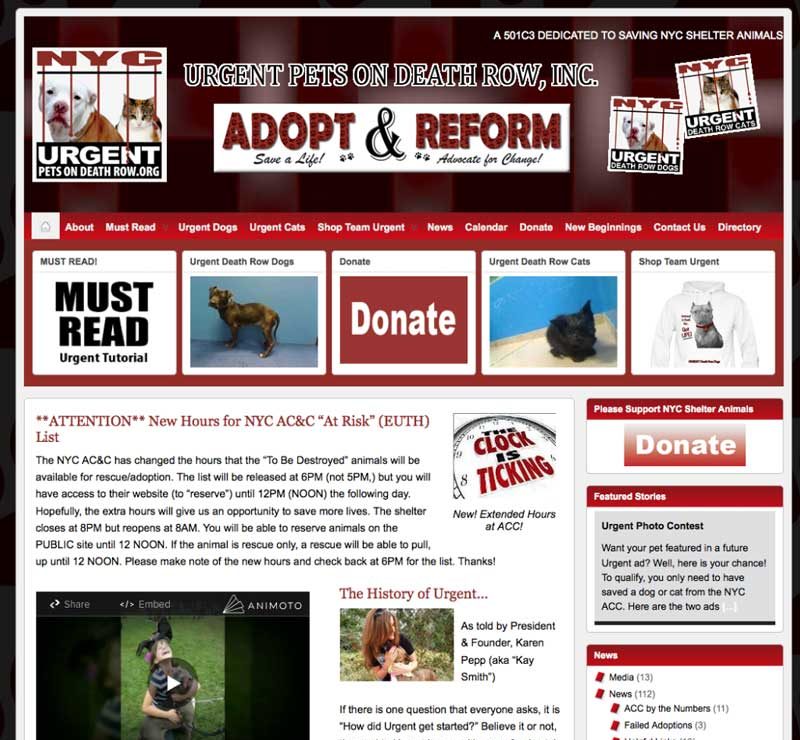Urgent Pets on Death Row old website design screenshot