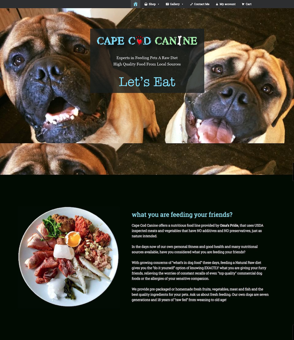 Cape Cod Canine website for selling Raw Diet for Pets
